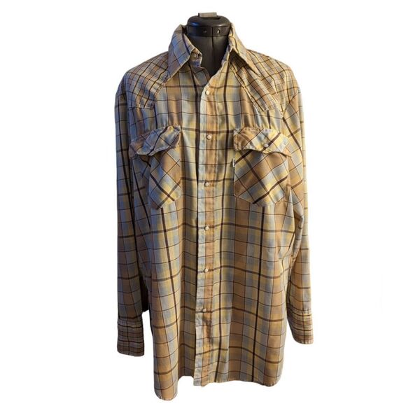 Levi's vintage tan and blue checkered pearl snap button‎ up shirt